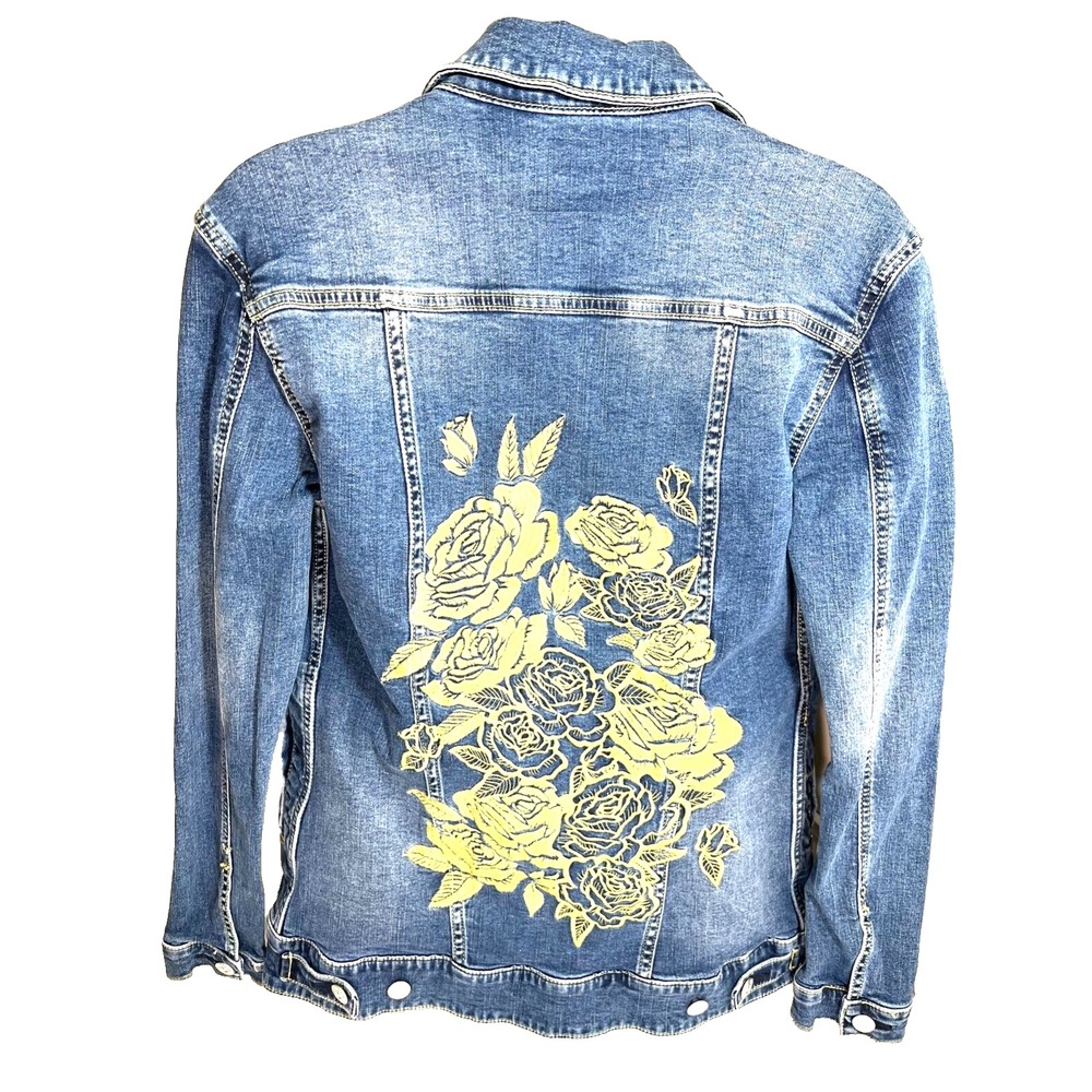 Women's Lularoe Embroidered Yellow Rose Denim Blue Jean Jacket Sz Xs 90's Style